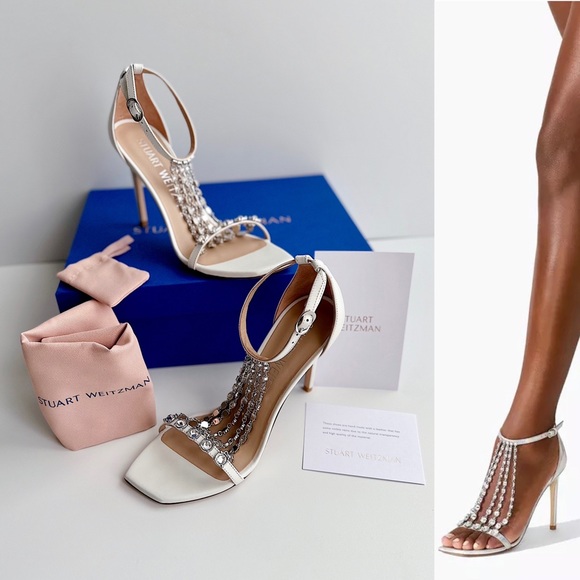 ✨New STUART WEITZMAN Stardust 100 Crystal Dress Sandals Bridal White Leather 7.5 - Picture 1 of 13